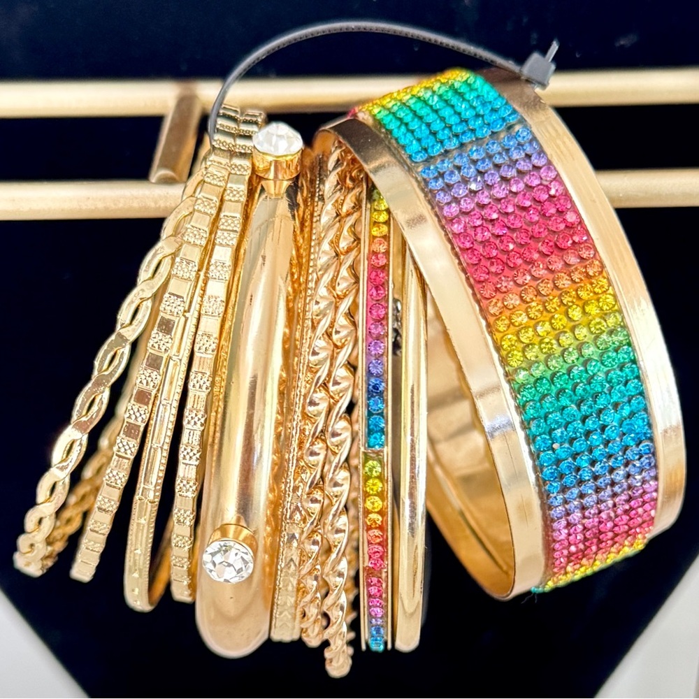 9 pcs Colorful Gold Tone Bangle Bracelet Set